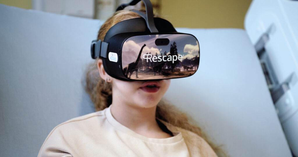 Girl wearing a VR headset that say