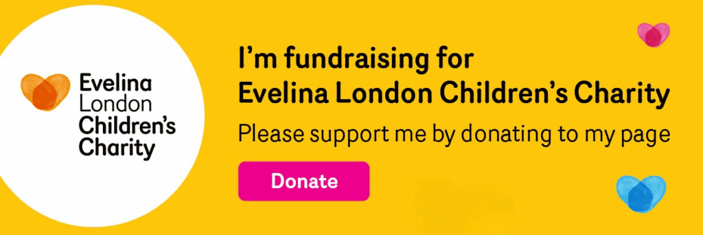 Yellow banner, on the left there is the logo in black text reads: Evelina London Children